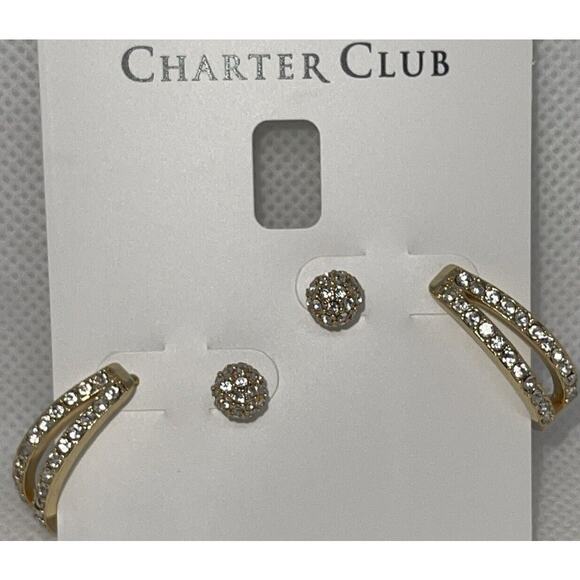 Gold Tone Crystal Earrings (2pc Set) Stunning Chic Fashion Trendy Stylish NWT - Picture 1 of 13